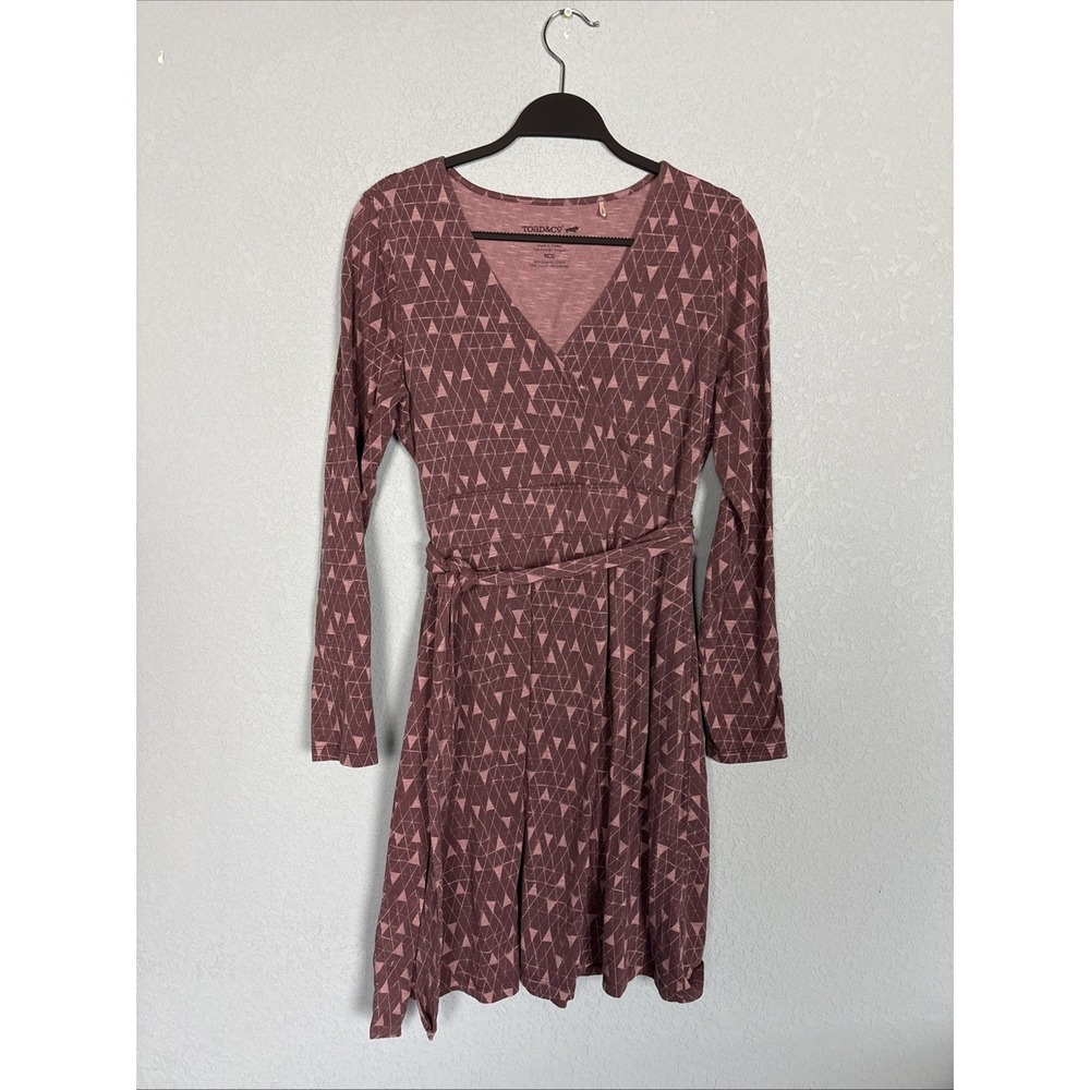 Toad&Co Cue Wrap Dress Sz L Huckleberry Line Print Organic Cotton Blend V-Neck